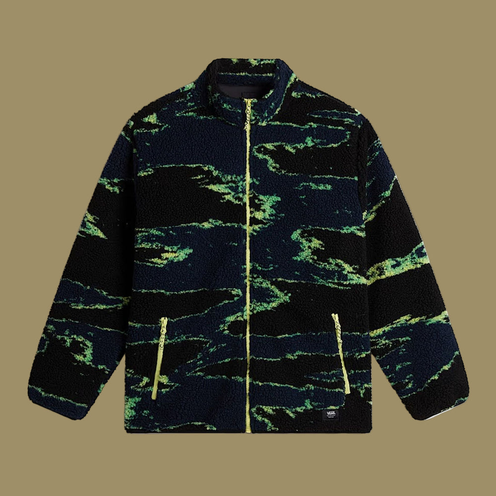 Black jacket with green camouflage pattern on a white background