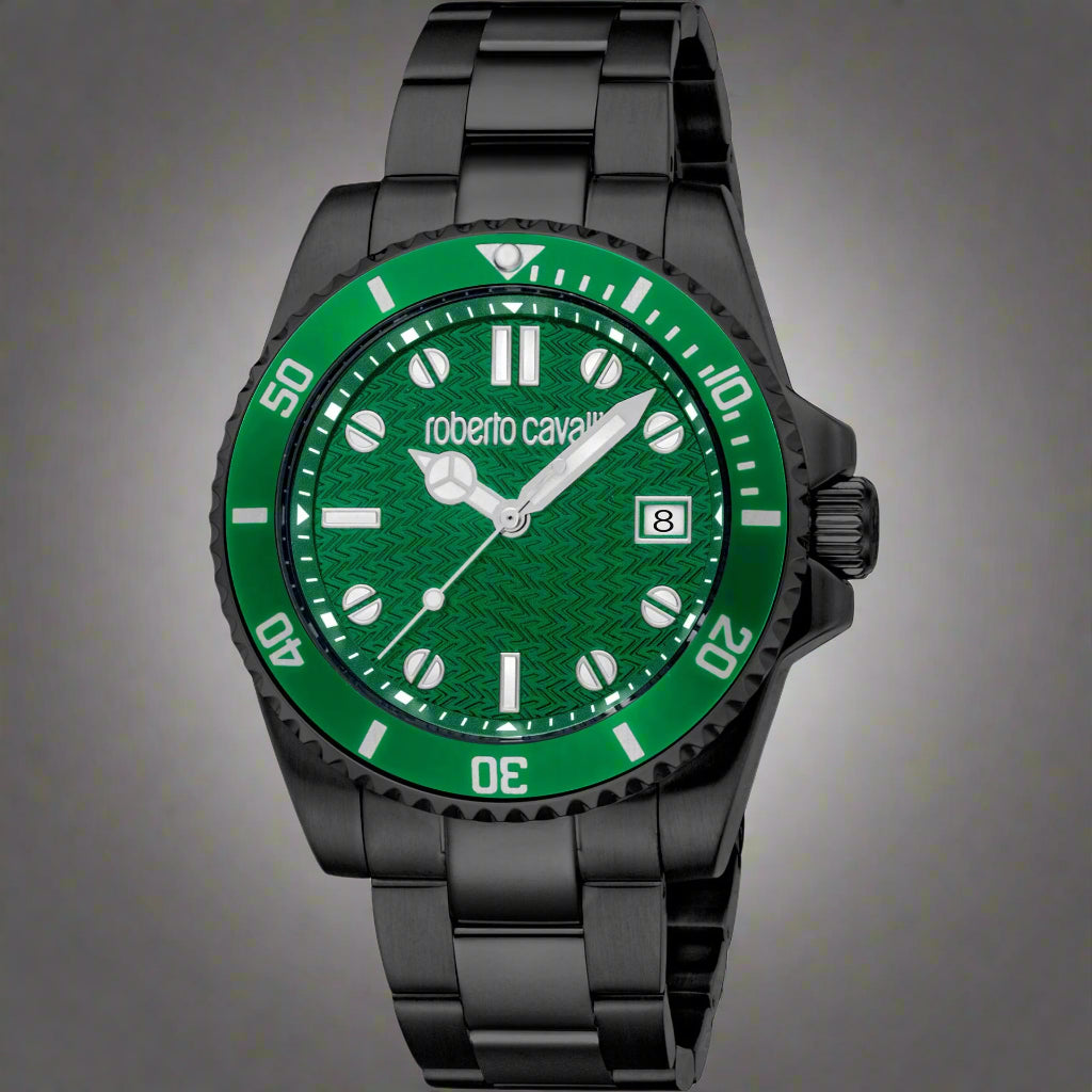Roberto Cavalli men's green dial day date black case Watches