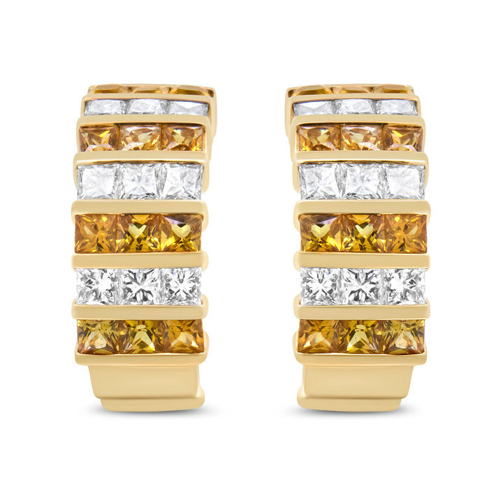 18K Yellow Gold 1 3/4 Cttw Invisible Set Princess Cut Diamond and 2.5mm Yellow Sapphire Huggie Hoop Earrings (F-G Color, VS1-VS2 Clarity)