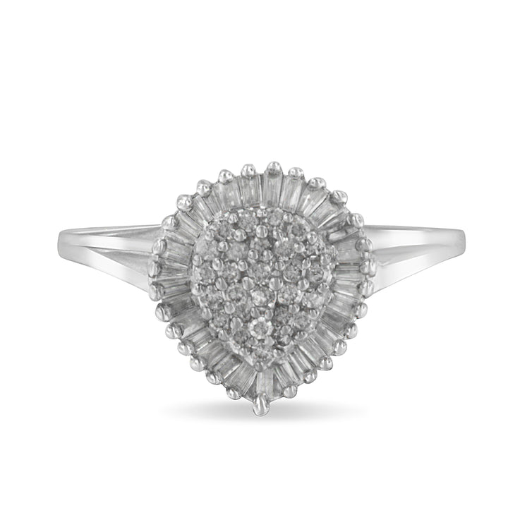 10K White Gold 1/2 Cttw Round & Baguette Cut Diamond Pear Shaped Domed PavÃ© Cluster with Halo Cocktail Ring (H-I Color, SI1-SI2 Clarity) - Size 5