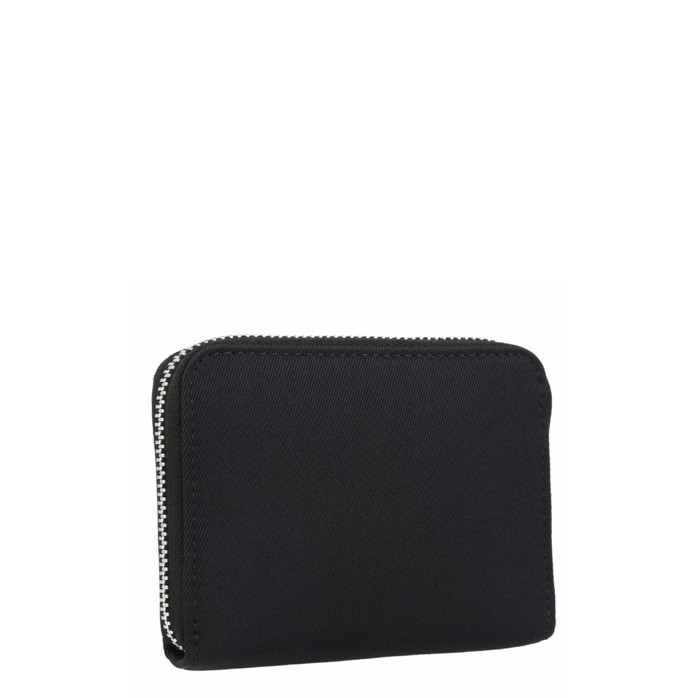 Black faux leather Karl Lagerfeld wallet with a silver embossed logo, closed with a zip.
