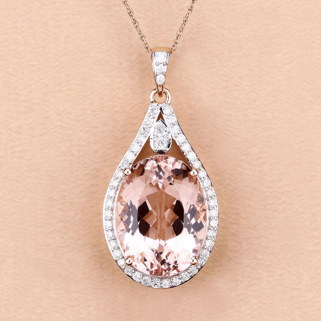 9.31 Carat Genuine Morganite and White Diamond 14K Rose Gold Pendant