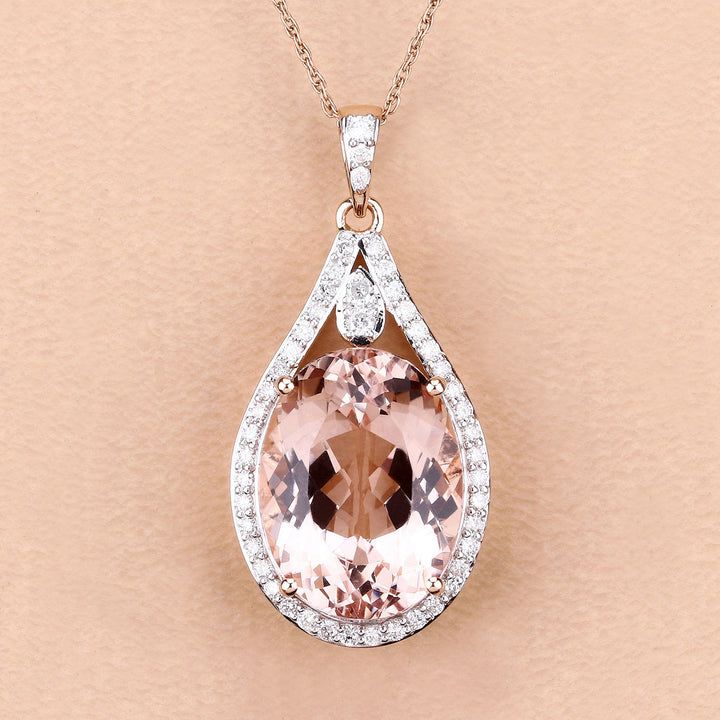 9.31 Carat Genuine Morganite and White Diamond 14K Rose Gold Pendant