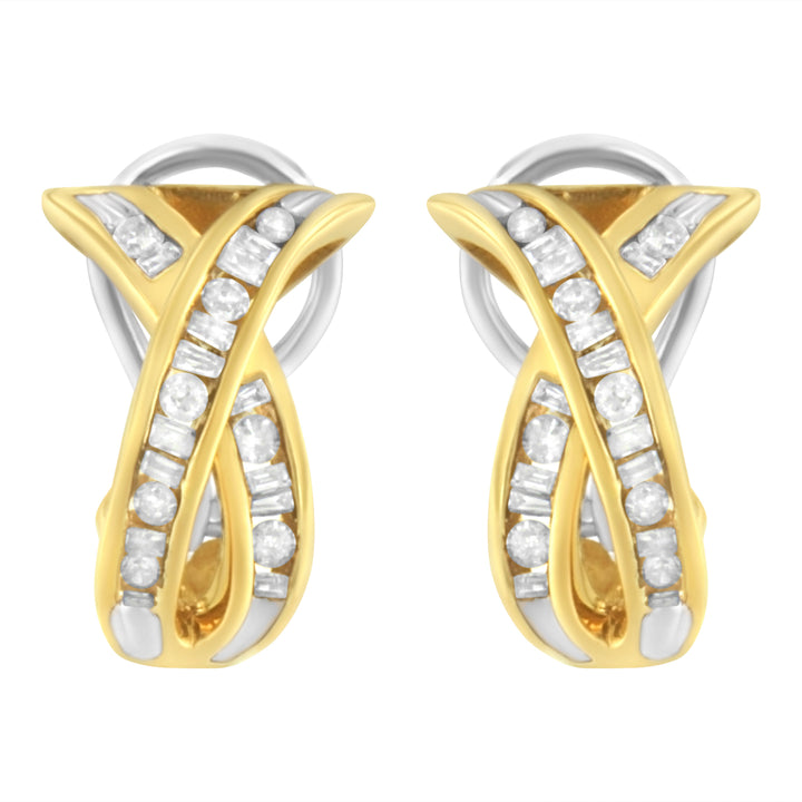 14K Yellow and White Gold 1/2 TDW "X" Shape Cross Over Diamond Hoop Earrings (I-J, I2-I3)