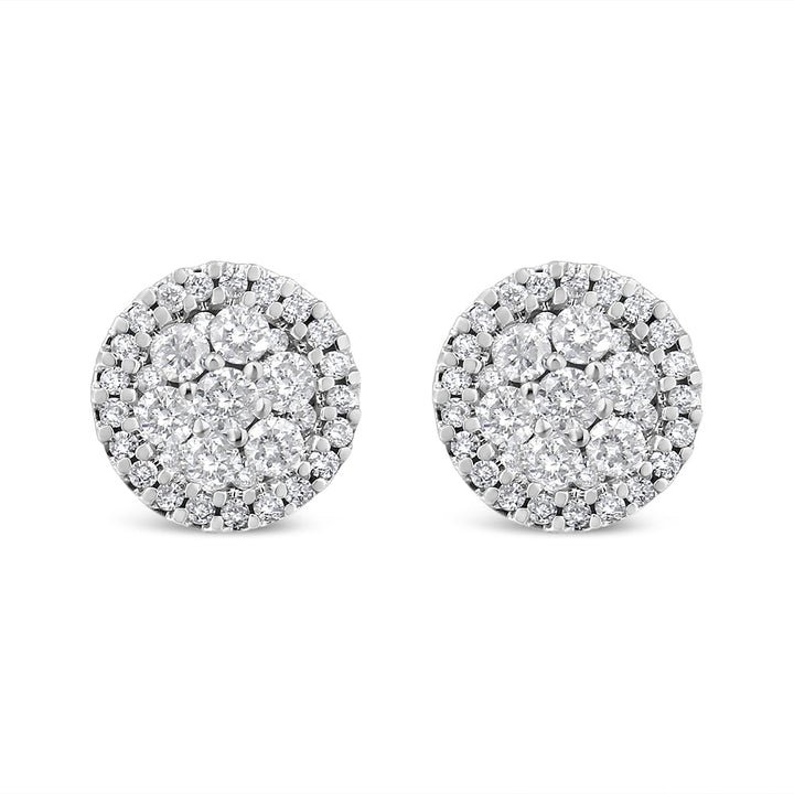 AGS Certified 14K White Gold 1.0 Cttw Brilliant-Cut Diamond Halo-Style Cluster Round Button Stud Earrings (G-H Color, I1-I2 Clarity)