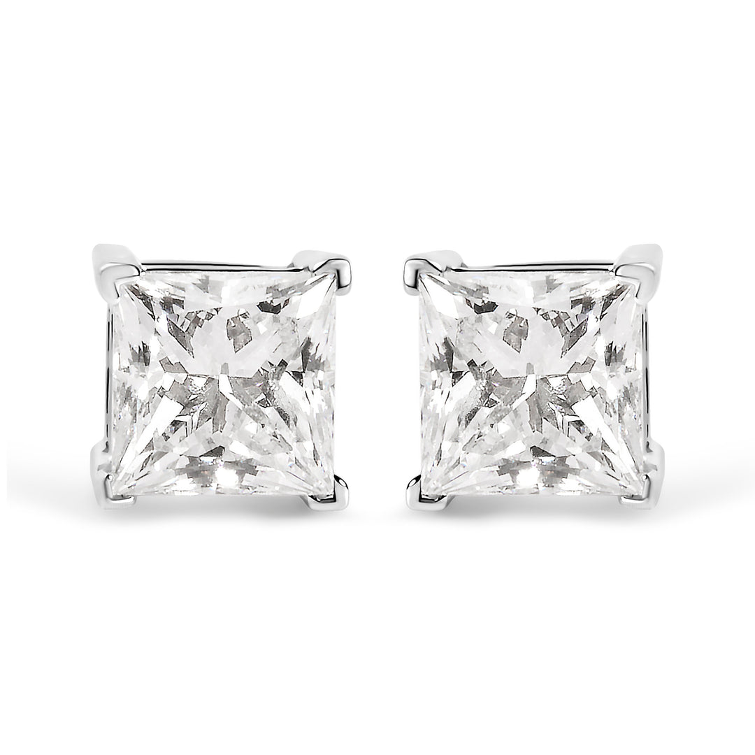 14K White Gold 1 1/2 Cttw Clarity Enhanced Princess Cut Diamond Solitaire Stud Earrings (I-J Color, I1-I2 Clarity)