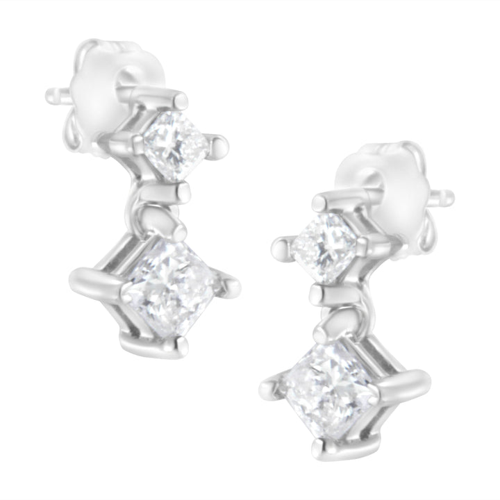 14K White Gold 3/4 cttw Double Diamond Princess-Cut Stud Earrings (I-J Clarity, I2-I3 Color)