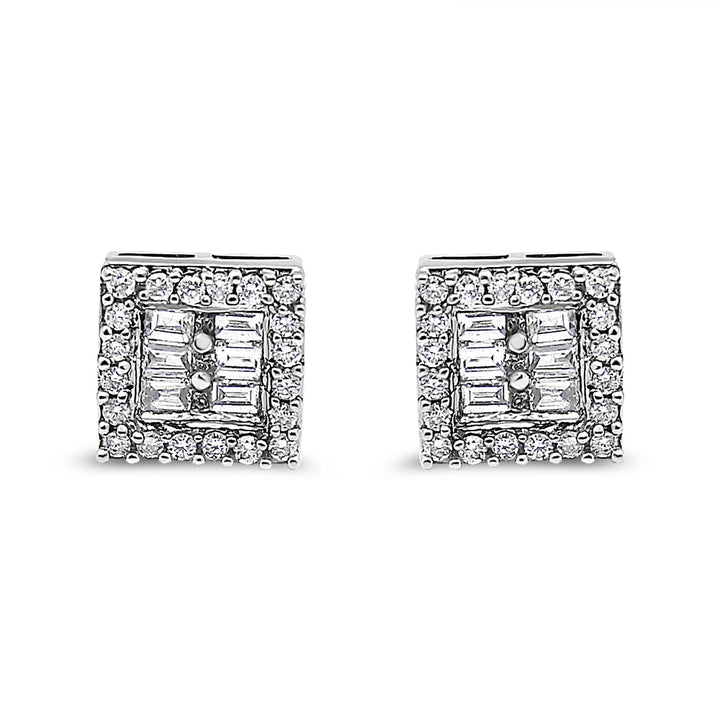 14K White Gold 1 cttw Round and Baguette Diamond Stud Earrings (H-I, SI1-SI2)