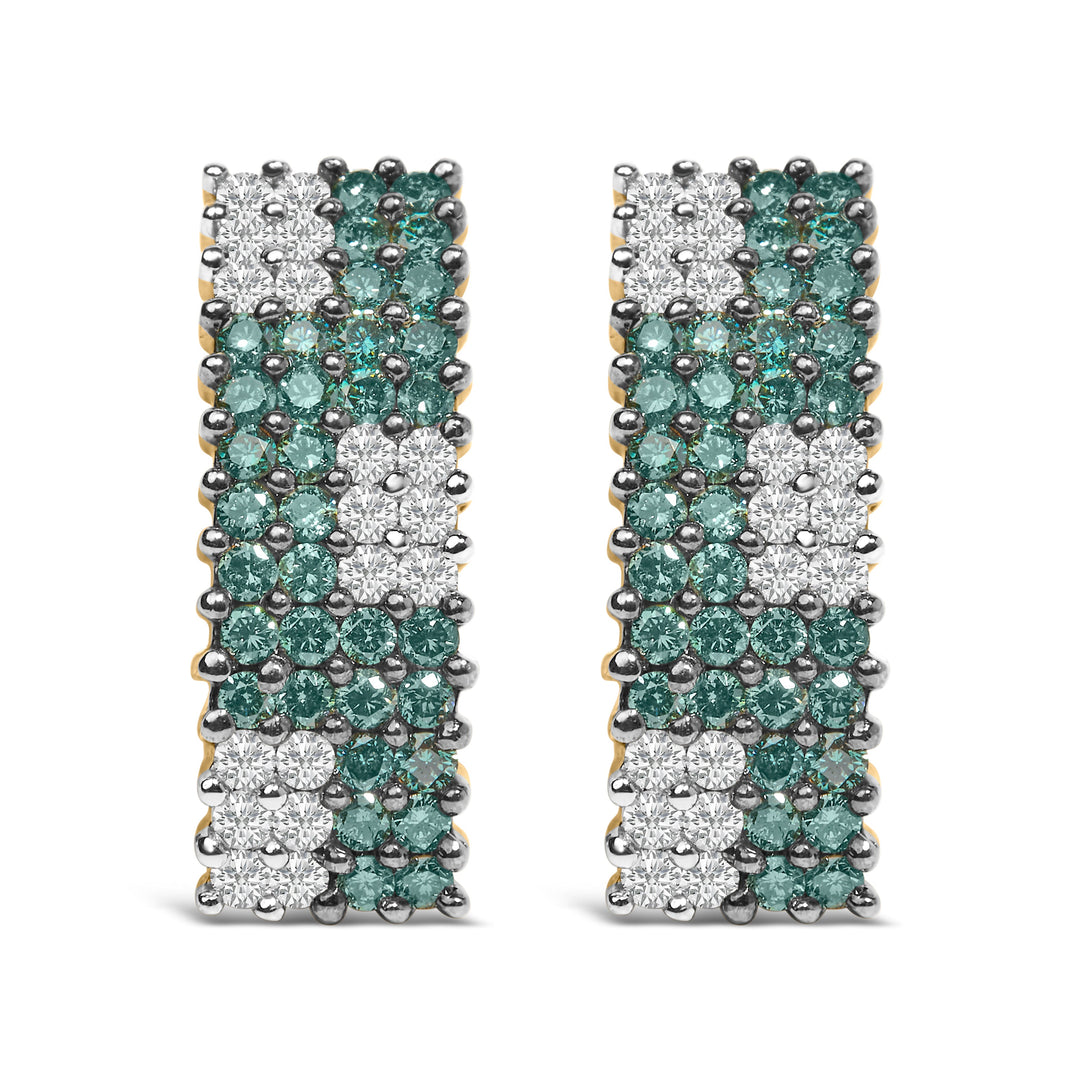 14K Yellow Gold 2.00 Cttw White and Treated Blue Diamond Four-Row PavÃ© Omegaback Earrings (H-I Color, SI1-SI2 Clarity)