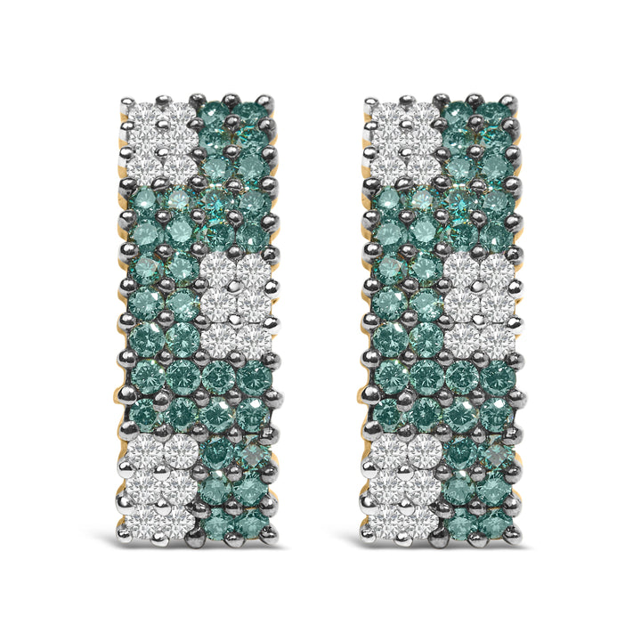 14K Yellow Gold 2.00 Cttw White and Treated Blue Diamond Four-Row PavÃ© Omegaback Earrings (H-I Color, SI1-SI2 Clarity)