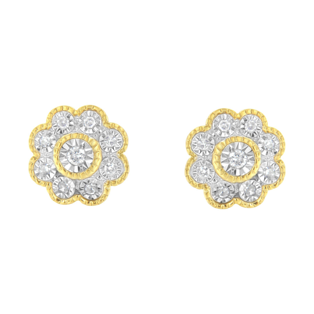 14K Yellow Gold Plated .925 Sterling Silver 1/6 Cttw Miracle-Plate Set Diamond Floral Stud Earrings (I-J Color, I2-I3 Clarity)