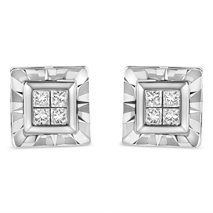 .925 Sterling Silver 1/6 Cttw Invisible Set Princess-Cut Diamond Quad Composite Stud Earrings (H-I Color, I1-I2 Clarity)