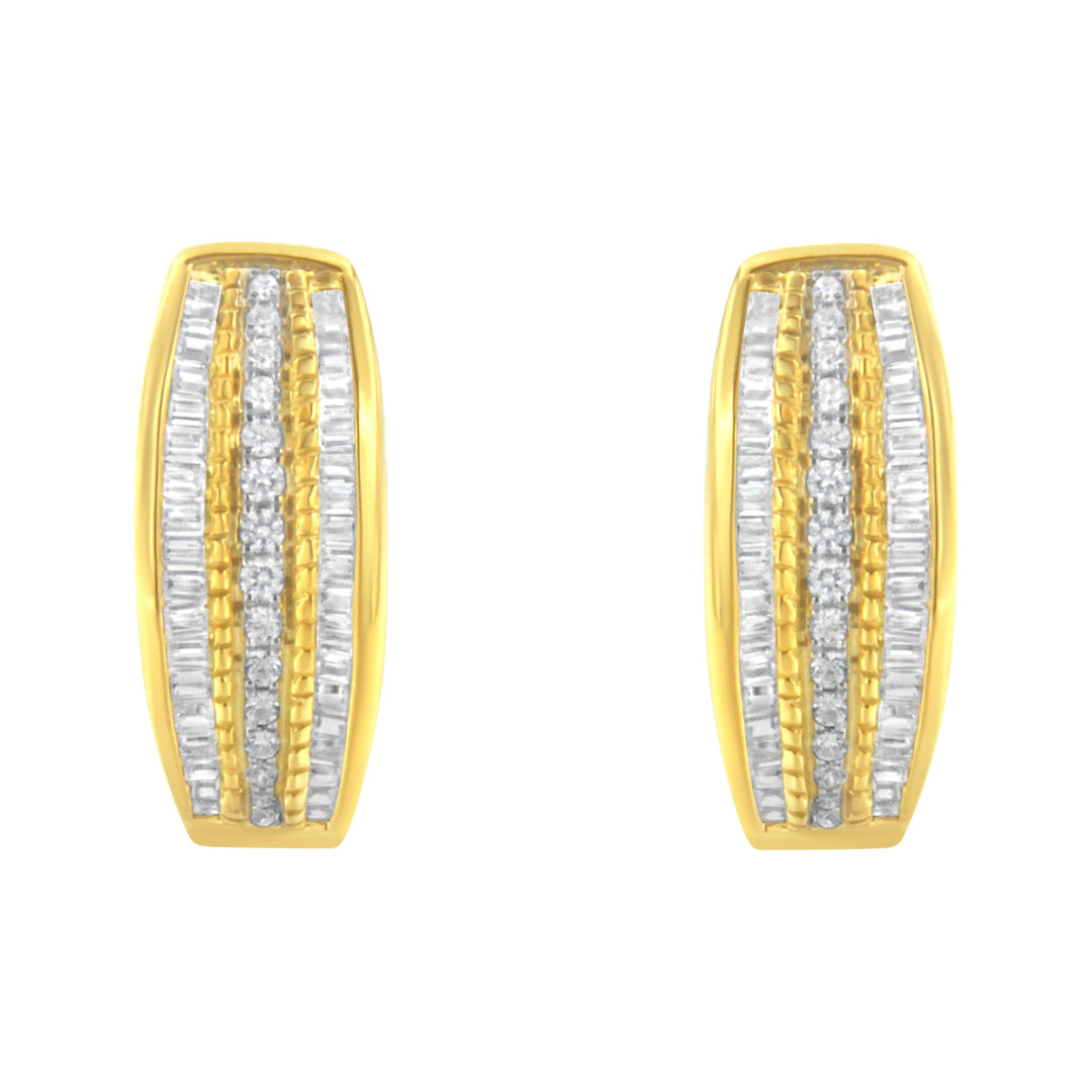 10K Yellow Gold 3/4 Cttw Pave and Channel Set Diamond Triple Row Modern Hoop Earrings (I-J Color, I2-I3 Clarity)