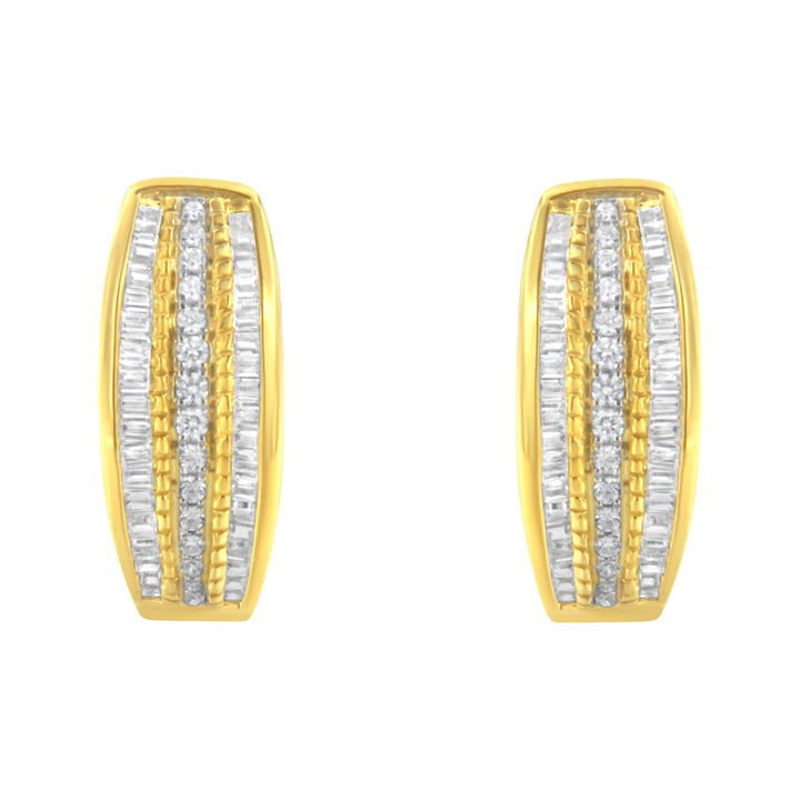10K Yellow Gold 3/4 Cttw Pave and Channel Set Diamond Triple Row Modern Hoop Earrings (I-J Color, I2-I3 Clarity)