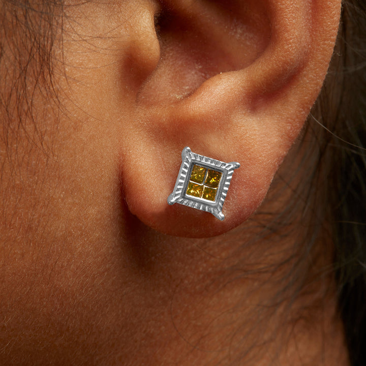 .925 Sterling Silver 1/2 Cttw Yellow Princess Diamond Quad Stud Earring