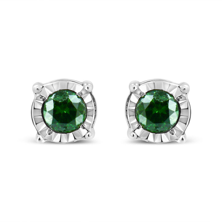 Sterling Silver Rose Cut Treated Green Diamond Solitaire Stud Earrings (0.25 cttw, Green Color, I2-I3 Clarity)