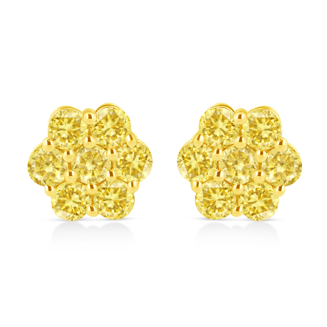 .925 Sterling Silver 1/4 Cttw Treated Yellow Diamond Floral Stud Earrings (Yellow Color, I1-I2 Clarity)