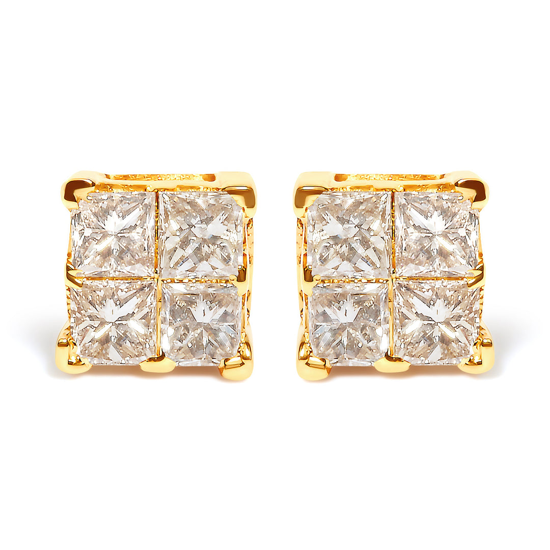 10K Yellow Gold 3/4 Cttw Invisible Set Princess-Cut Diamond Composite Square Stud Earrings (I-J Color, I2-I3 Clarity)