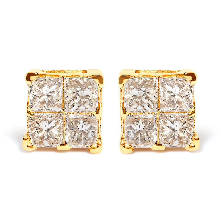 10K Yellow Gold 3/4 Cttw Invisible Set Princess-Cut Diamond Composite Square Stud Earrings (I-J Color, I2-I3 Clarity)