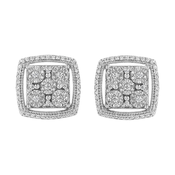 .925 Sterling Silver 3/8 Cttw Miracle Set Round Diamond Double Halo Cluster Earrings (I-J Color, I2-I3 Clarity)