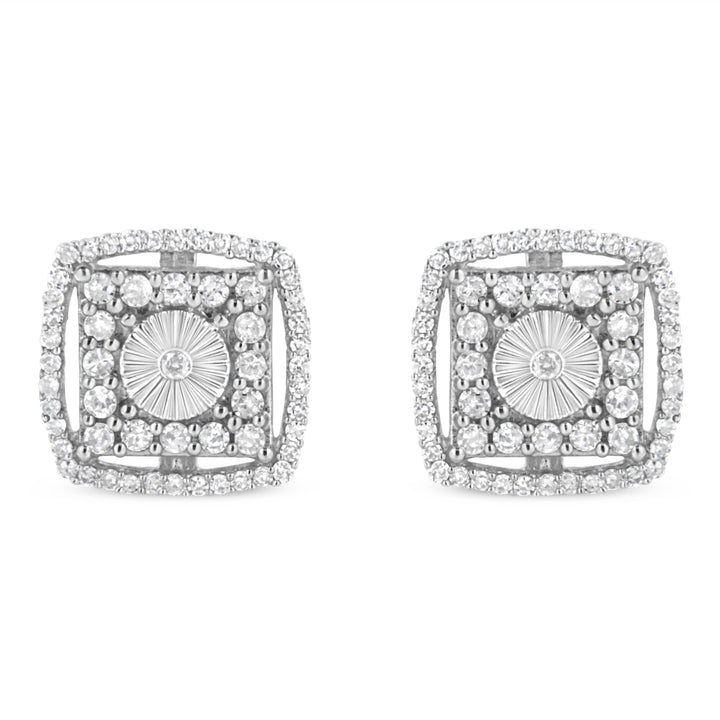 .925 Sterling Silver 1.0 Cttw Round Diamond Double Halo and Disc Stud Earring (I-J Color, I2-I3 Clarity)