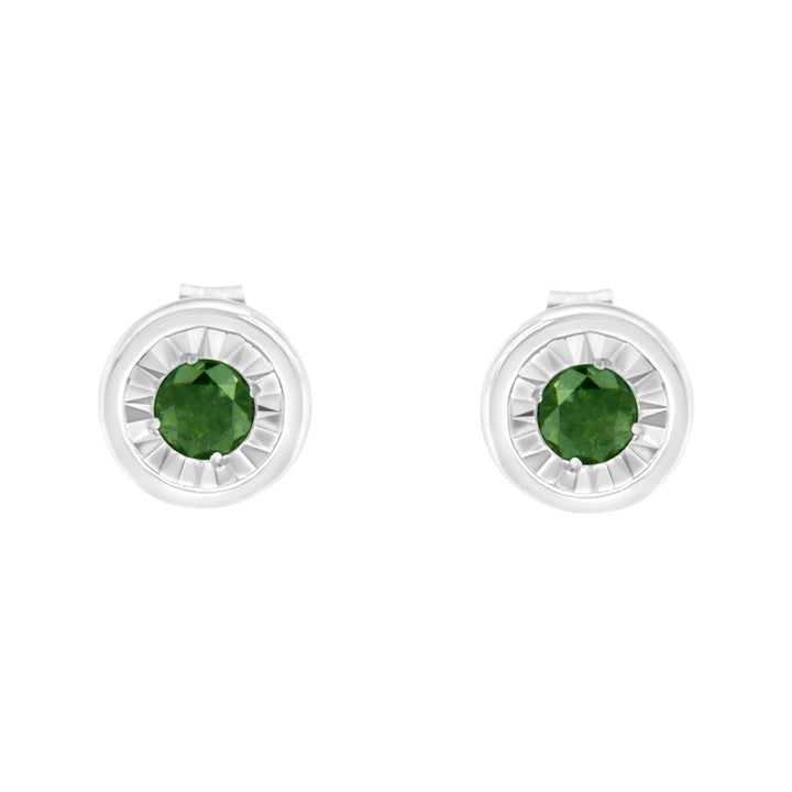 .925 Sterling Silver 1/4 Cttw Round Brilliant-Cut Green Diamond Miracle-Set Stud Earrings (Fancy Color-Enhanced, I1-I2 Clarity)