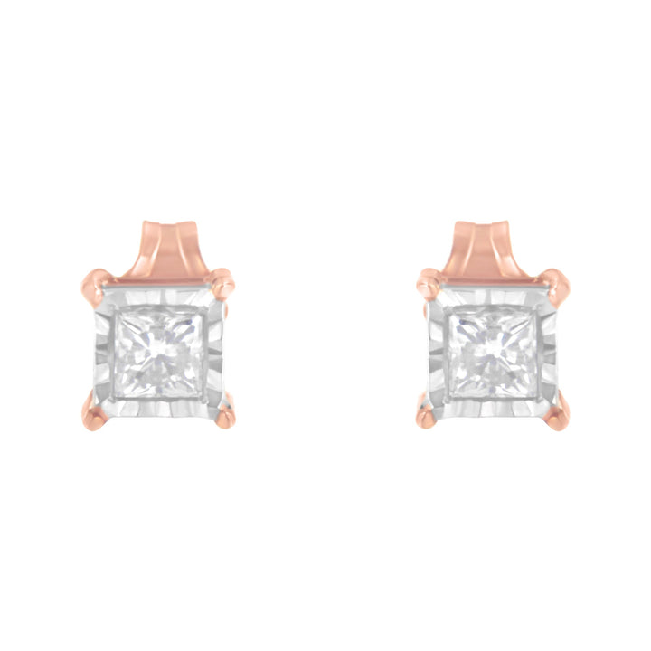 14K Rose Gold Plated Two-Tone .925 Sterling Silver 1/2 Cttw Princess-Cut Square Near Colorless Diamond Solitaire Miracle-Plate Stud Earrings (J-K Color, I2-I3 Clarity)