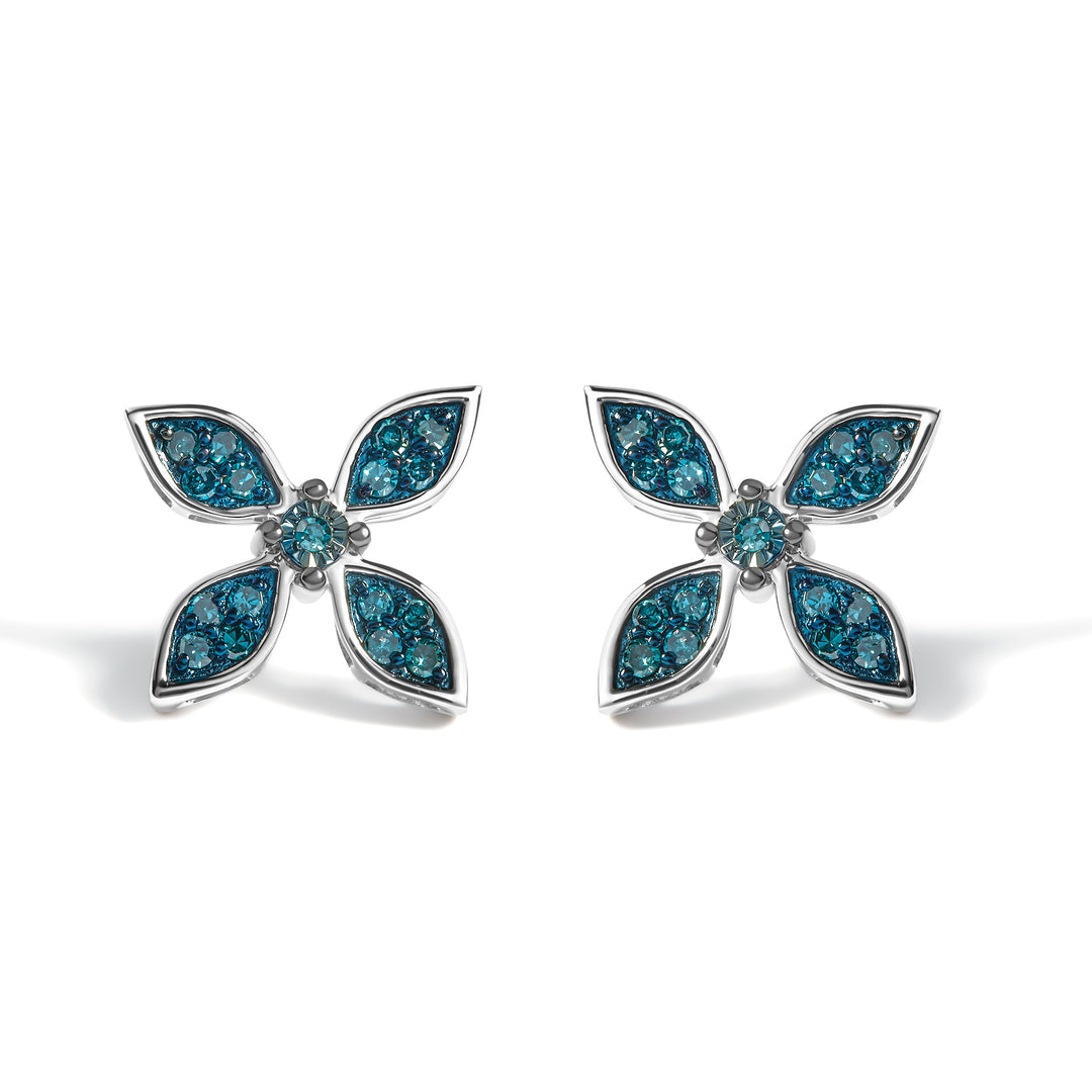 .925 Sterling Silver 1/3 Cttw Blue Diamond Floral Earrings
