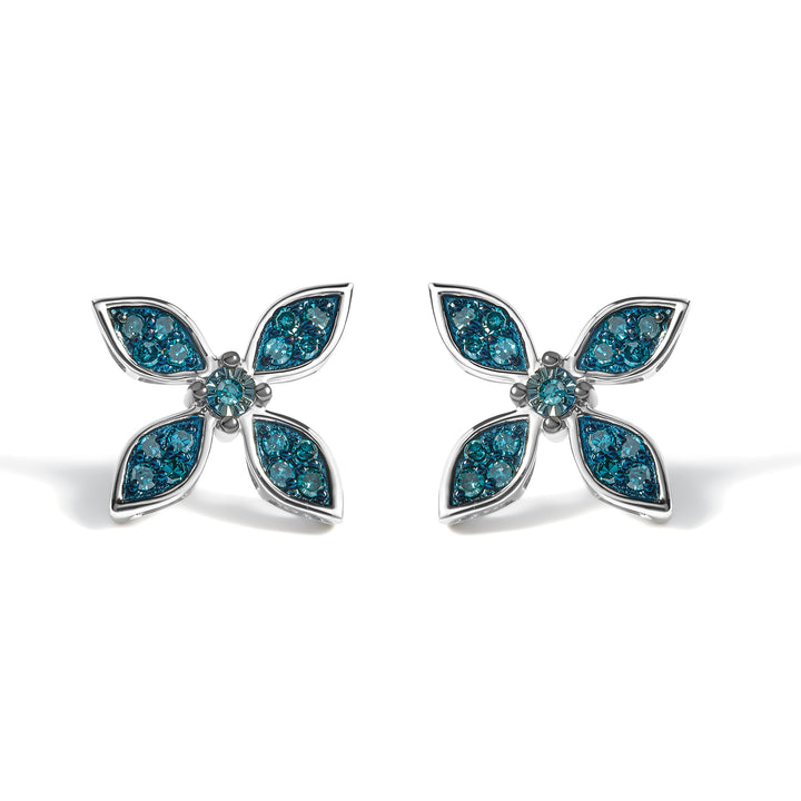 .925 Sterling Silver 1/3 Cttw Blue Diamond Floral Earrings