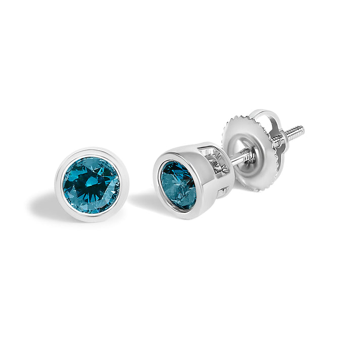 14K White Gold 1.0 Cttw Bezel Set Lab Grown Blue Diamond Solitaire Stud Earrings