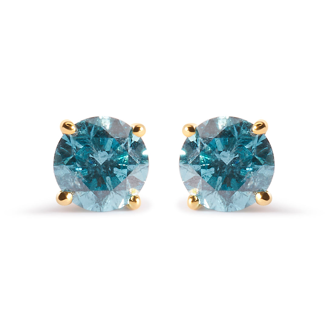 14K Yellow Gold 1.0 Cttw Treated Aqua Blue Diamond Classic Solitaire Stud Earrings (Aqua Blue Color, I2-I3 Clarity)