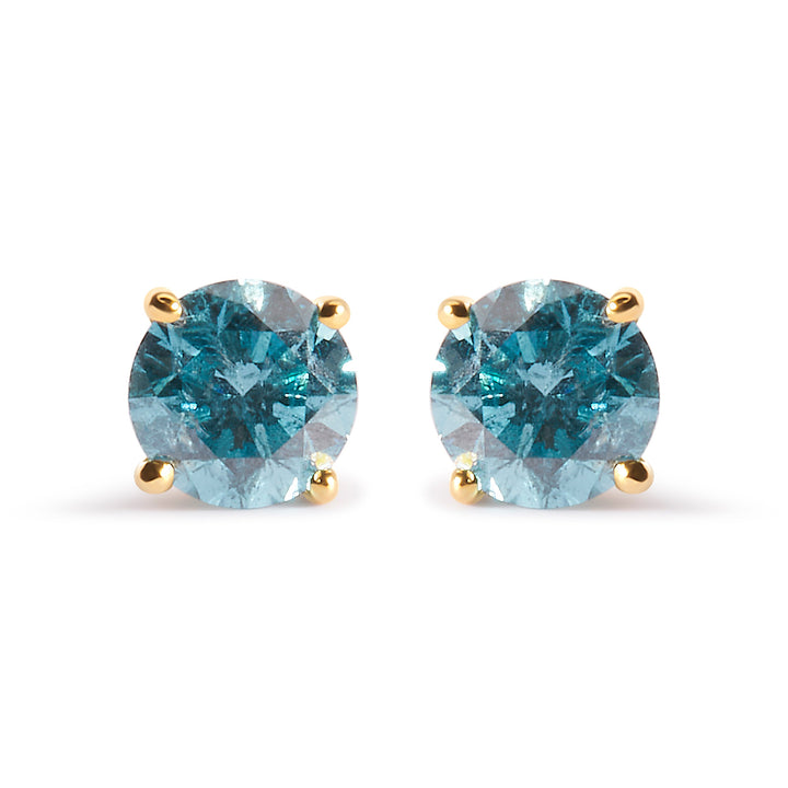 14K Yellow Gold 1.0 Cttw Treated Aqua Blue Diamond Classic Solitaire Stud Earrings (Aqua Blue Color, I2-I3 Clarity)