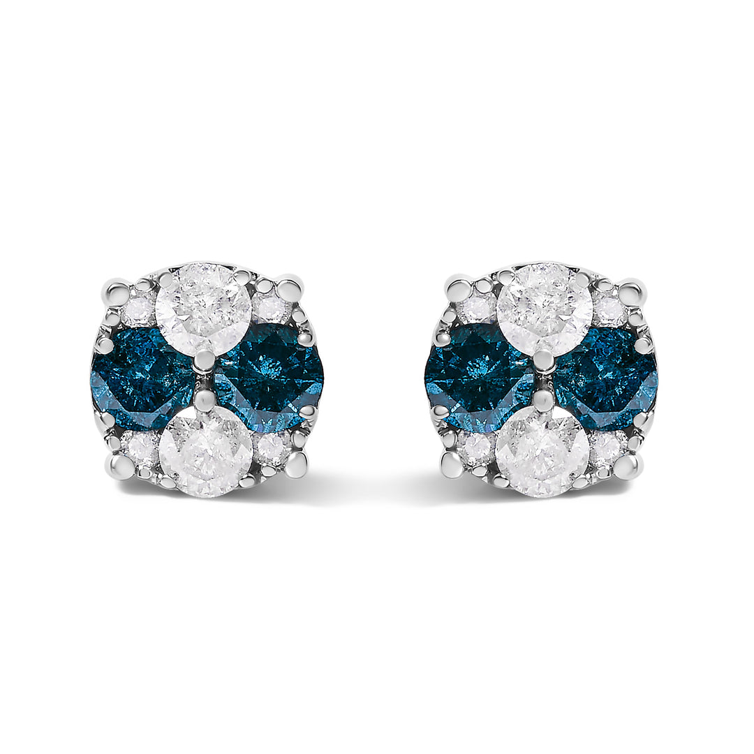 .925 Sterling Silver 2.0 Cttw Blue Diamond Composite Cluster Stud Earring