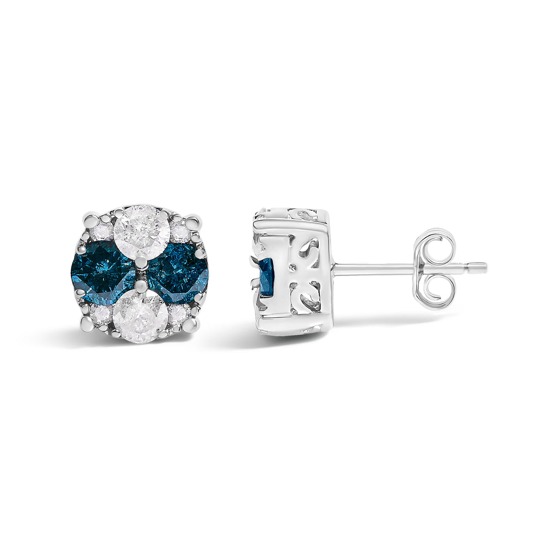 .925 Sterling Silver 2.0 Cttw Blue Diamond Composite Cluster Stud Earring
