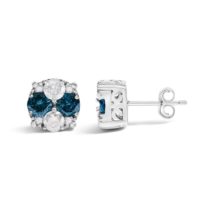 .925 Sterling Silver 2.0 Cttw Blue Diamond Composite Cluster Stud Earring
