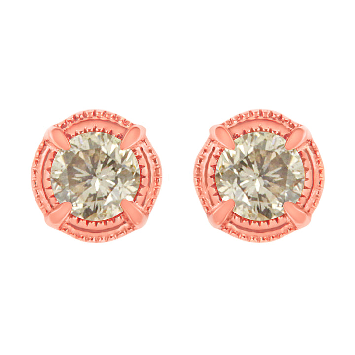 14K Yellow Gold Plated .925 Sterling Silver 1.0 Cttw Round Brilliant Cut Diamond Solitaire Milgrain Stud Earrings (K-L Color, I2-I3 Clarity)