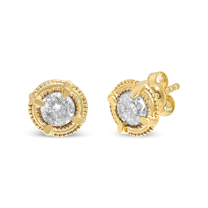 14K Yellow Gold Plated .925 Sterling Silver 1.0 Cttw Round Brilliant Cut Diamond Solitaire Milgrain Stud Earrings (K-L Color, I2-I3 Clarity)