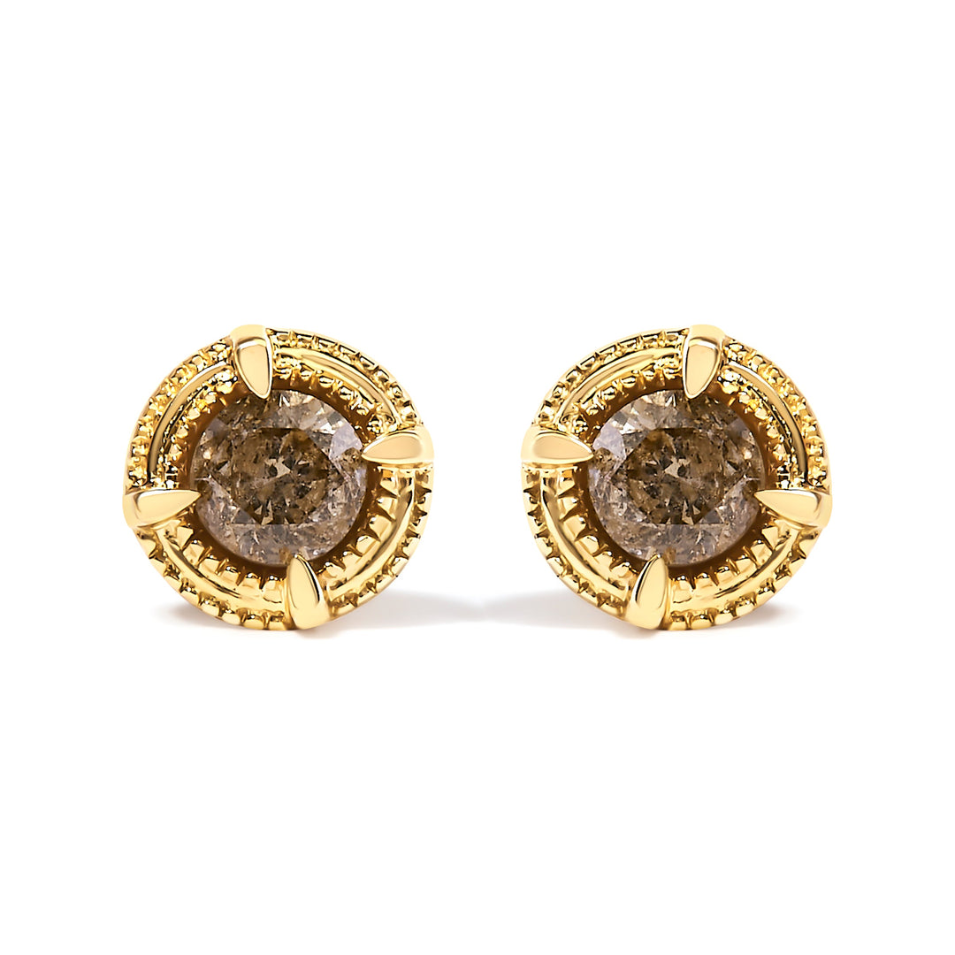 14K Yellow Gold Plated .925 Sterling Silver 1.0 Cttw Round Brilliant Cut Diamond Solitaire Milgrain Stud Earrings (K-L Color, I2-I3 Clarity)