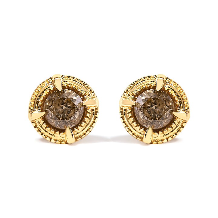 14K Yellow Gold Plated .925 Sterling Silver 1.0 Cttw Round Brilliant Cut Diamond Solitaire Milgrain Stud Earrings (K-L Color, I2-I3 Clarity)