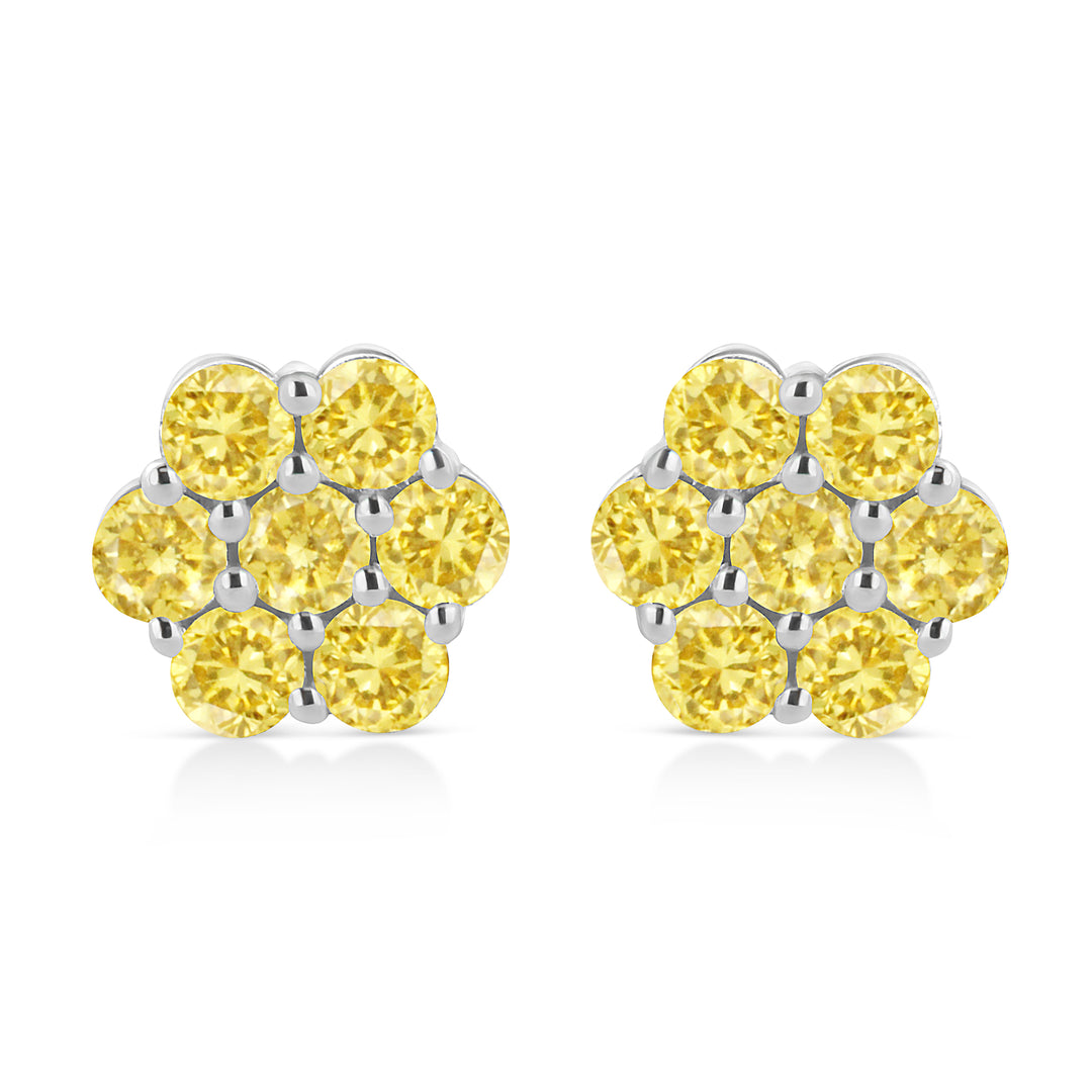 .925 Sterling Silver 1/4 Cttw Treated Yellow Diamond Floral Stud Earrings (Yellow Color, I1-I2 Clarity)