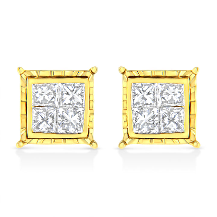 14K Yellow Gold 1 Cttw Princess Cut Diamond Square Stud Earrings