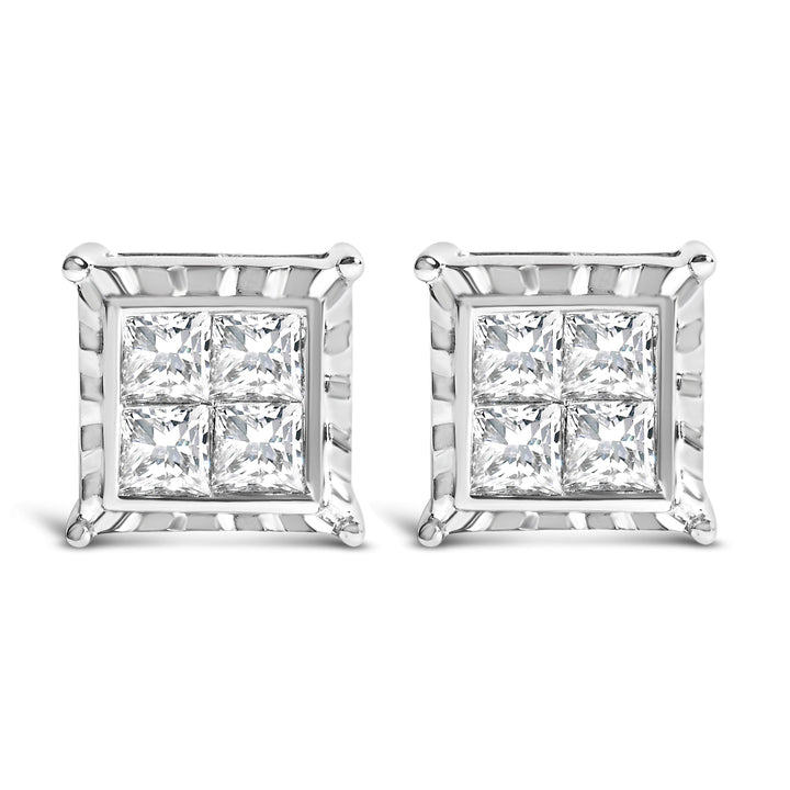14K White Gold 2.00 Cttw Invisible Set Princess-Cut Lab Grown Diamond Wavy Quad Stud Earrings