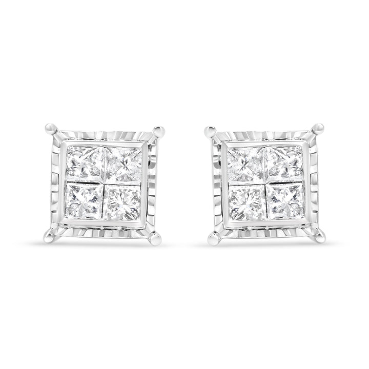14K White Gold 1 1/2 Cttw Invisible Set Princess-Cut Diamond Contemporary Wavy Quad Stud Earrings (I-J Color, I1-I2 Clarity)