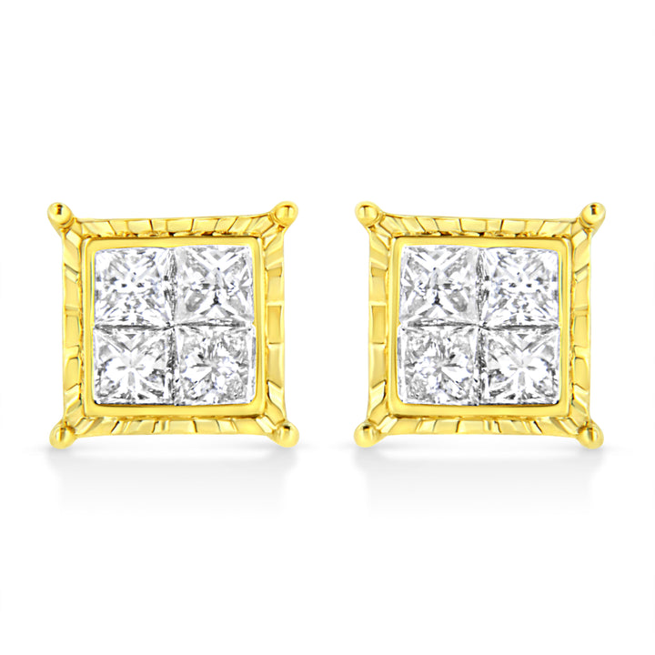 14K Yellow Gold 1 Cttw Princess Cut Diamond Square Stud Earrings
