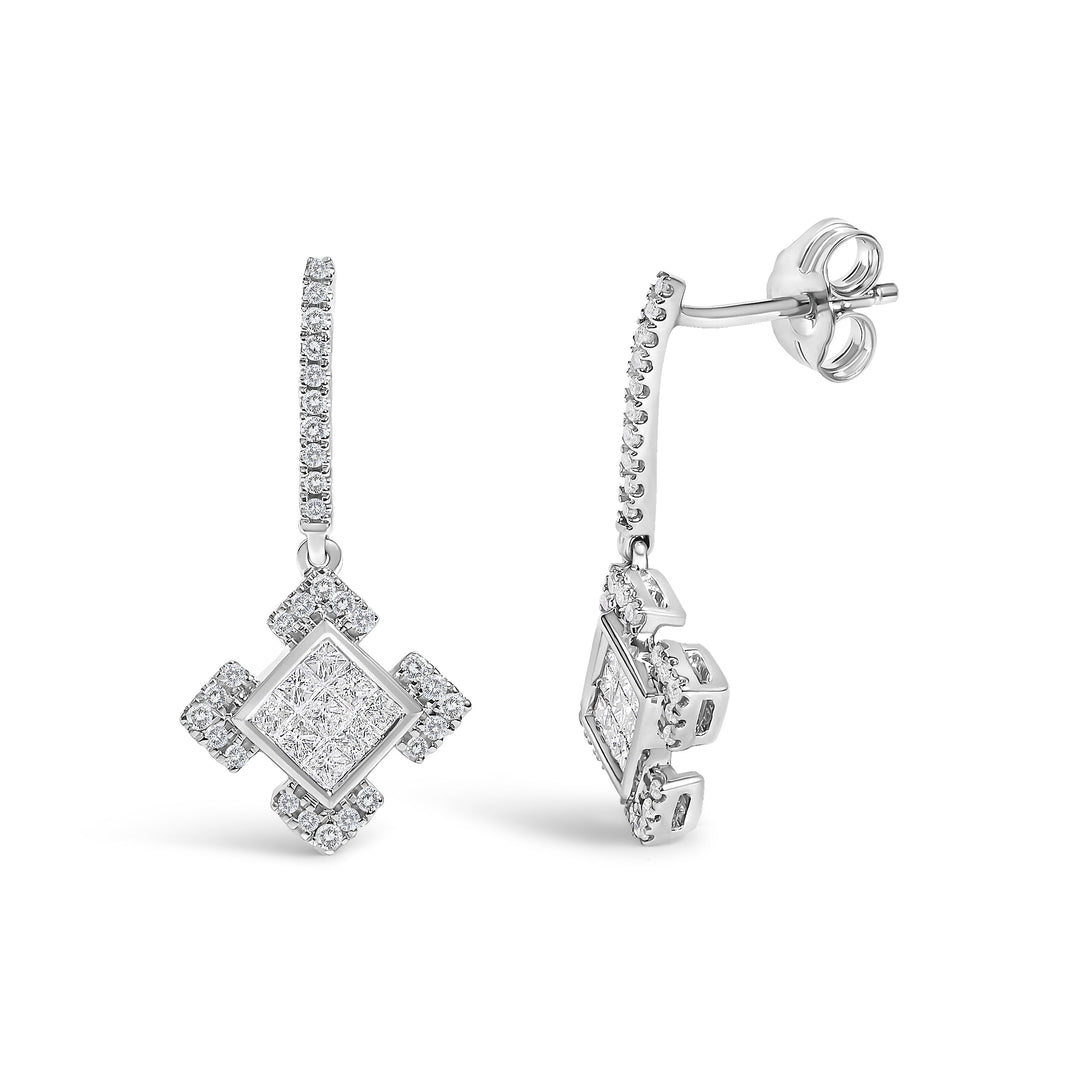 10K White Gold Princess and Round Diamond Geometric Composite Dangle Earrings