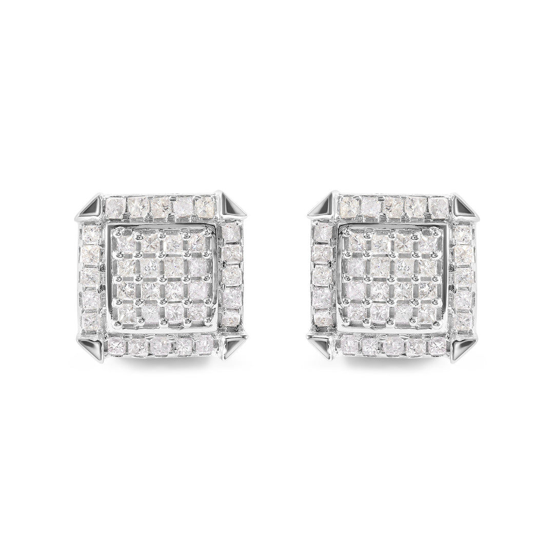 10K White Gold 1 1/10 Cttw Princess Diamond Composite and Halo Stud Earrings (I-J Color, I1-I2 Clarity)