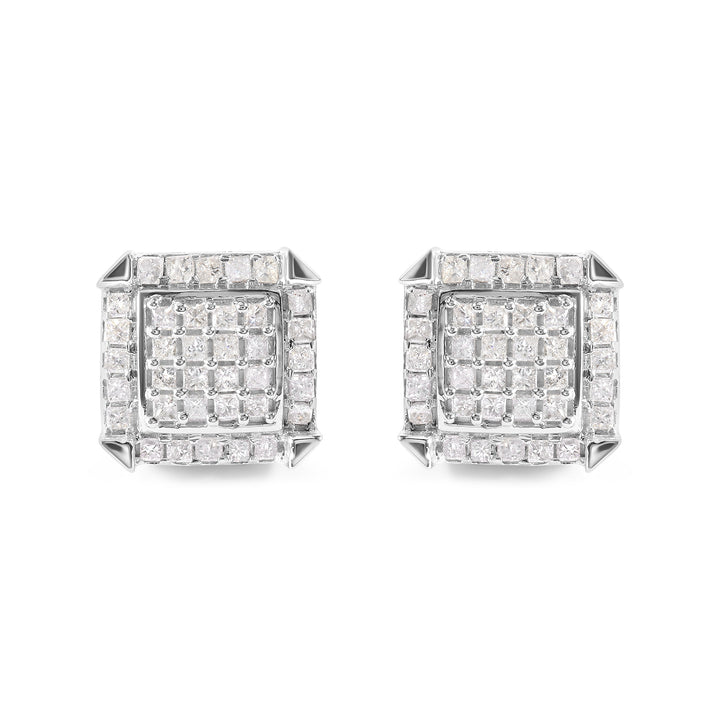10K White Gold 1 1/10 Cttw Princess Diamond Composite and Halo Stud Earrings (I-J Color, I1-I2 Clarity)