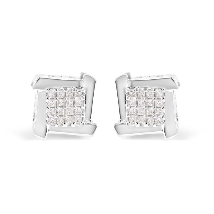 10K White Gold 1/2 Cttw Composite  Princess Diamond Square and Swirl Stud Earrings (I-J Color, I1-I2 Clarity)