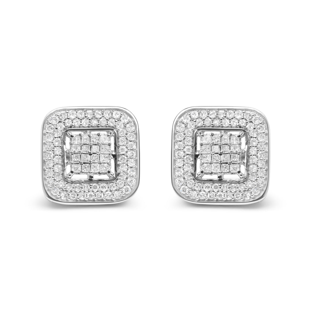 10K White Gold 1.0 Cttw Round and Princess Cut Diamond Composite Open Halo Stud Earrings (H-I Color, SI1-SI2 Clarity)