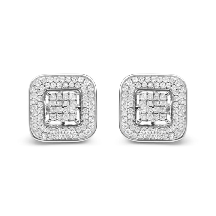 10K White Gold 1.0 Cttw Round and Princess Cut Diamond Composite Open Halo Stud Earrings (H-I Color, SI1-SI2 Clarity)